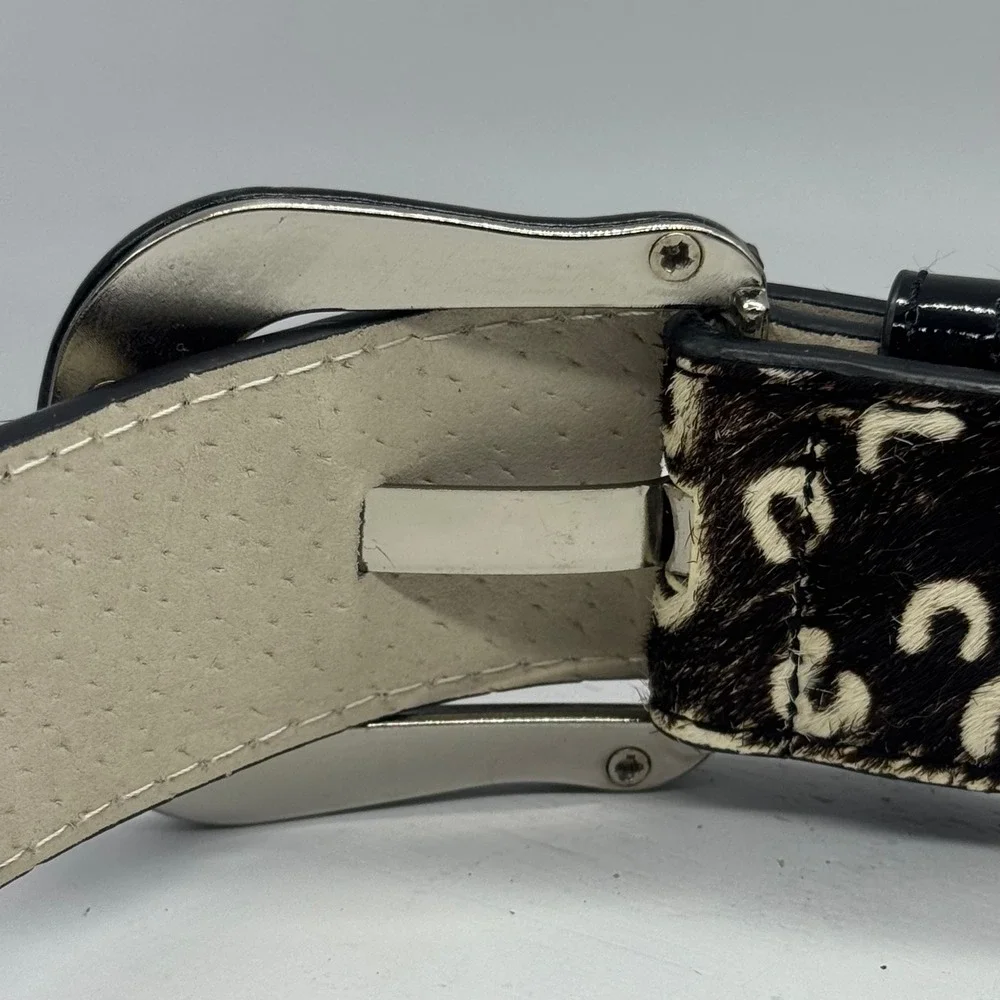 Vintage Women Animal Print Hair Calf Leather Belt Black White Leopard Small
